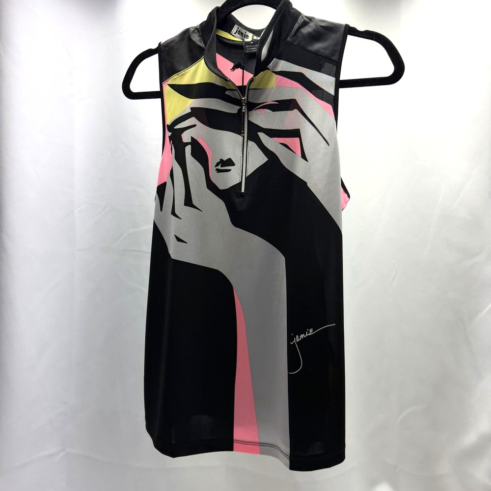 Jamie Sadock Golf Top Women's M Black Pink Abstract Sleeveless 1/4 Zip Stretch